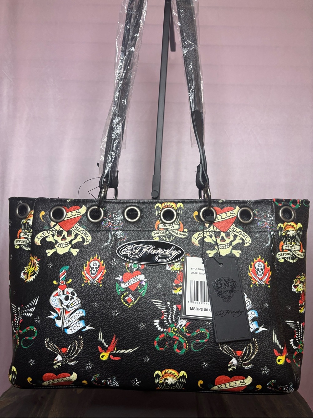 Ed Hardy Black Tattoo-Print Faux Leather Tote